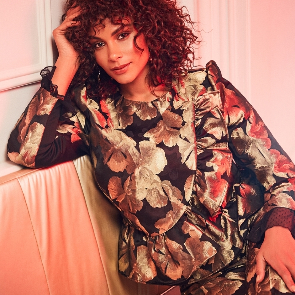 Eloquii Gold/Black Ruffle Brocade Peplum Jacket